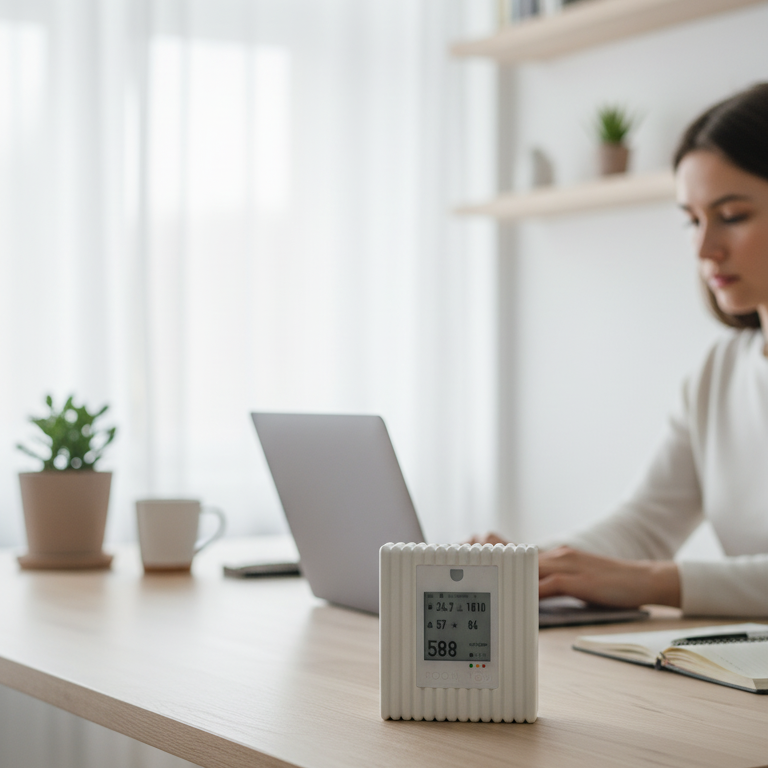 Person working on a laptop at a desk with a plant and mug in the background and CO2 Sensor