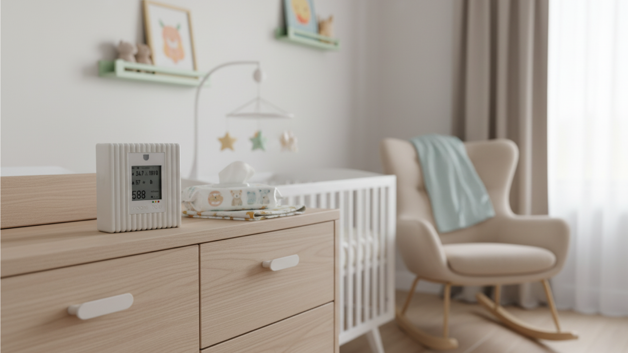 Nursery room with wooden dresser, rocking chair, and baby crib and roomyou1