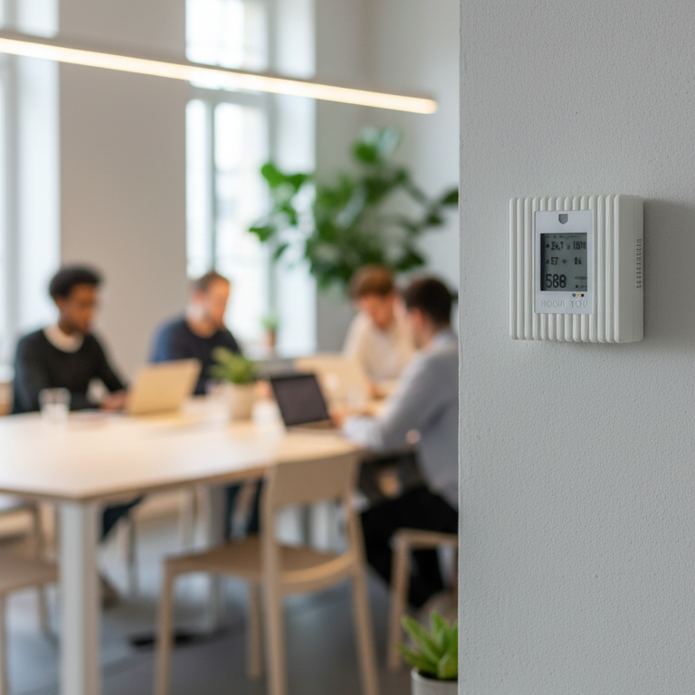 Modern office setting with people working at a table, blurred foreground with a digital CO2 sensor on a wall.
