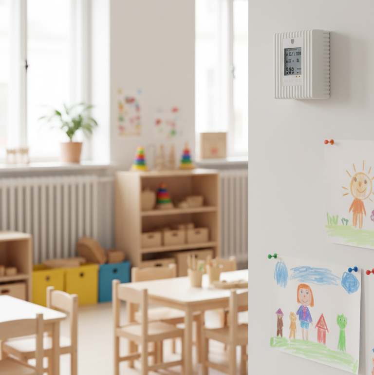 Children's classroom with wooden furniture and colorful decorations and a roomyou Sensor.