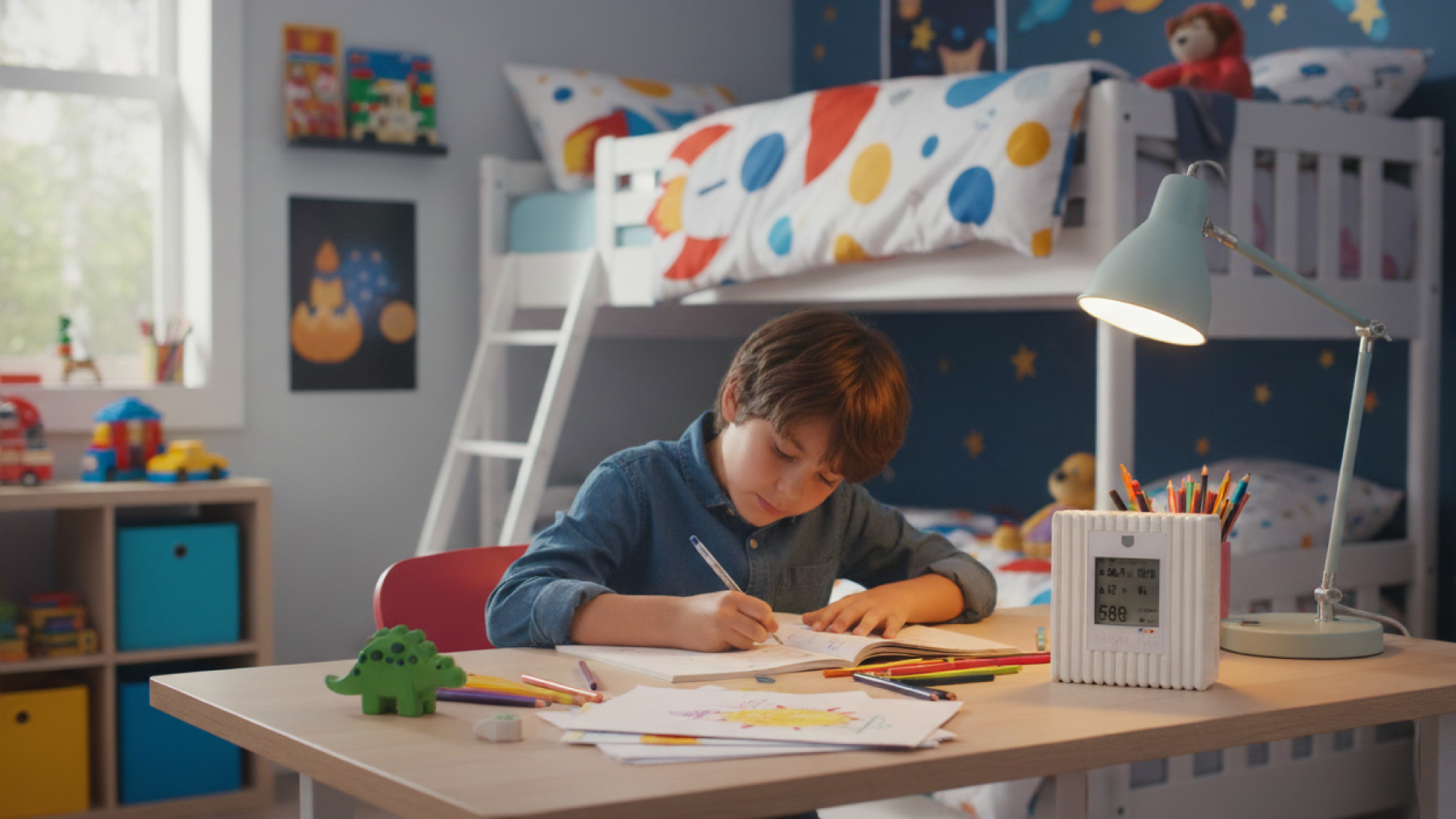 Child sitting at a desk in a colorful bedroom, writing with a pen.