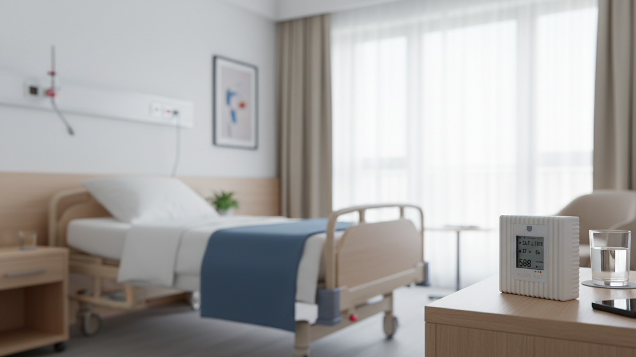 Hospital room with a bed, desk, and window and roomyou1 sensor
